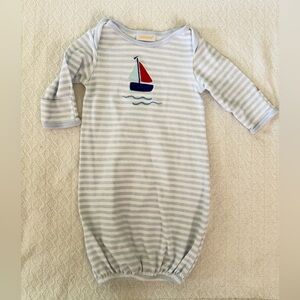 Sunshine Baby Blue and White Striped Sleep Gown Sailboat Appliqués with Mittens